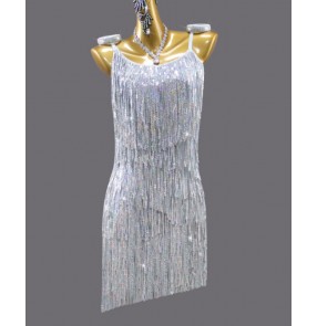 Silver sequins latin dance dresses for women glitter fringe salsa rumba chacha ballroom dance costumes party performance wear